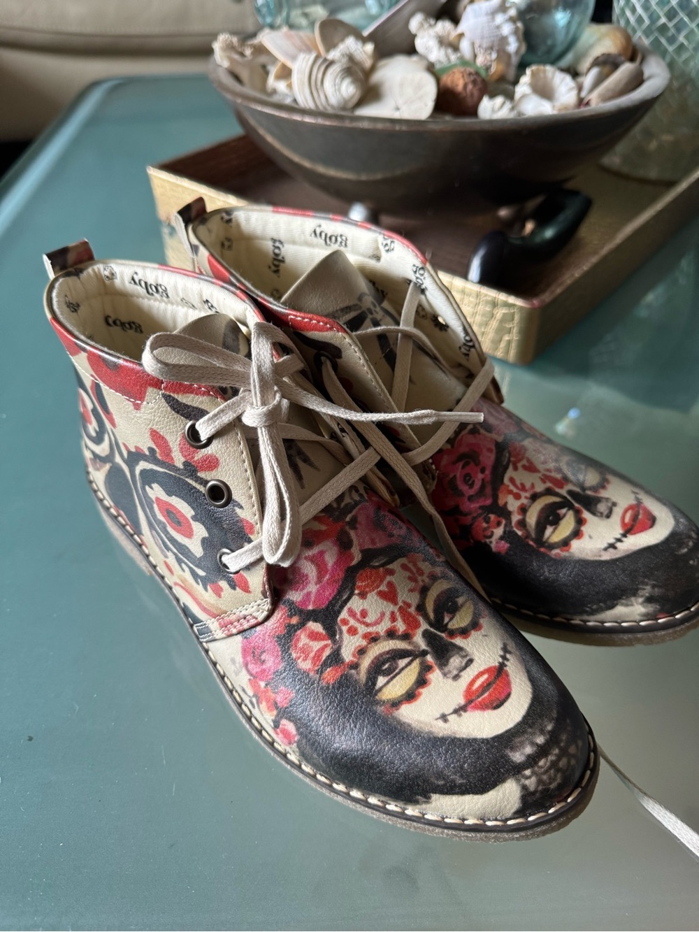 Goby Women’s Floral Skull Print Lace-Up Ankle Boots in Beige & Black